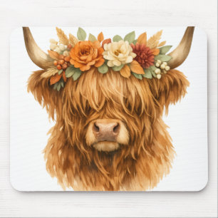 Boho Highland Koe Kussensloop met Bloemenkroon   Muismat