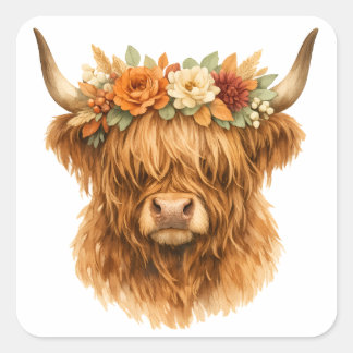 Boho Highland Koe Kussensloop met Bloemenkroon | Vierkante Sticker
