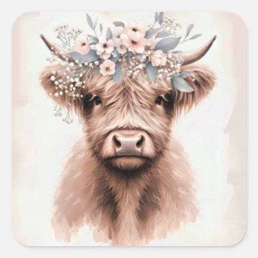 Boho Highland Koe met bloemenbruidskroon Vierkante Sticker (Voorkant)