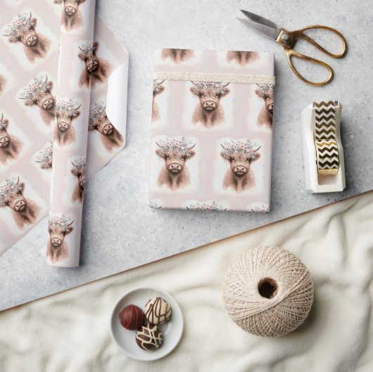 Boho Highland Koe met bloemhoofddeksel Cadeaupapier (Crafts)