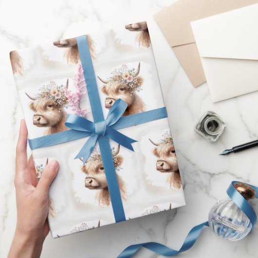 Boho Highland Koe met Bruidsbloemen Cadeaupapier (Geschenken)