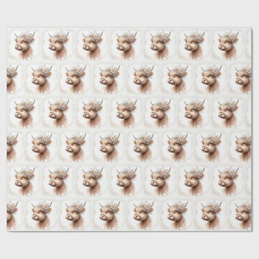 Boho Highland Koe met Bruidsbloemen Cadeaupapier (Vlak)