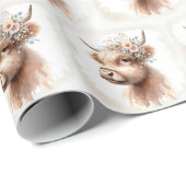 Boho Highland Koe met Bruidsbloemen Cadeaupapier (Rol Hoek)