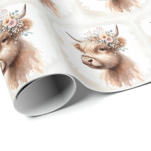 Boho Highland Koe met Bruidsbloemen Cadeaupapier (Rol Hoek)