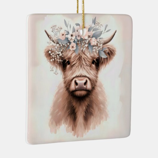 Boho Highland Koe met bruidsbloemkroon Keramisch Ornament (Rechts)
