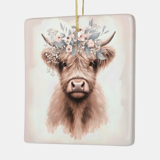 Boho Highland Koe met bruidsbloemkroon Keramisch Ornament (Links)