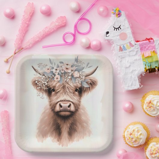 Boho Highland Koe met bruidsbloemkroon Papieren Bordje (Feest)