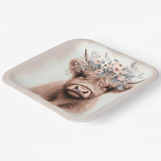 Boho Highland Koe met bruidsbloemkroon Papieren Bordje (Gebogen)