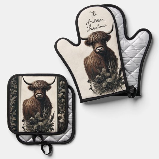 Boho Highland Koe Ovenwant & Pannenlap Set (Voorkant / Achterkant)