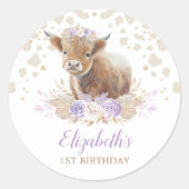Boho Highland Koe Paarse Rozen Bloemen 1e Verjaard Ronde Sticker (Voorkant)