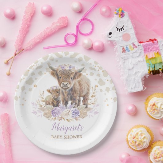 Boho Highland Koe Paarse Rozen Bloemen Baby Meisje Papieren Bordje (Feest)