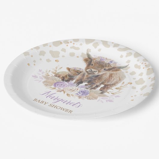 Boho Highland Koe Paarse Rozen Bloemen Baby Meisje Papieren Bordje (Gekanteld)