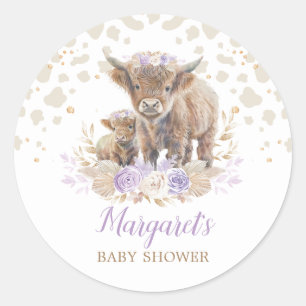 Boho Highland Koe Paarse Rozen Bloemen Baby Meisje Ronde Sticker