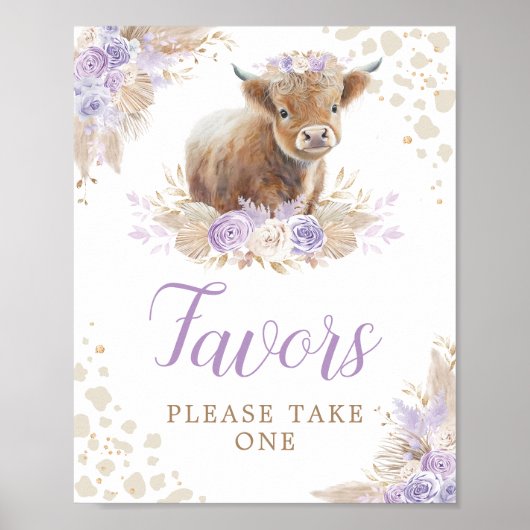 Boho Highland Koe Paarse Verjaardagsgunsten Teken Poster (Voorkant)