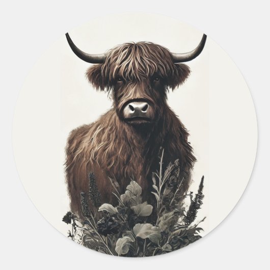 Boho Highland Koe Ronde Sticker (Voorkant)