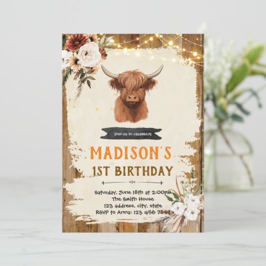 Boho Highland koe uitnodiging (Staand voorkant)