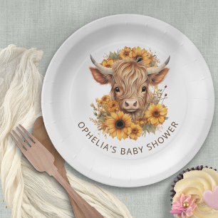 Boho Highland Koe Zonnebloemen Baby shower Papieren Bordje