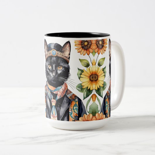 Boho Hippie Kat met Sjaal 15 oz Mok (Voorkant rechts)