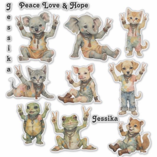 Boho Hippie Peace Baby Dieren Aangepast Personalis Sticker (Voorkant)