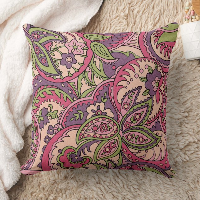 Boho Hippie Roze/Groen/Paarse Bloemen Paisley Kussen (Deken)