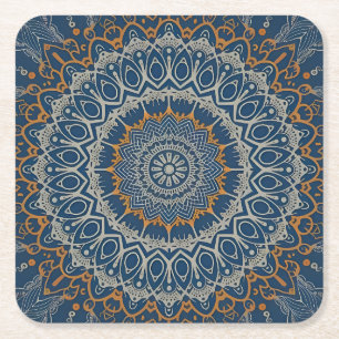 Boho Hippie Tibetaanse Stijl Intricate Blauwe Mand Kartonnen Onderzetters