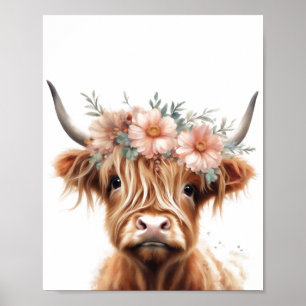 Boho hoogland koe kunst print, hoogland koe decor poster