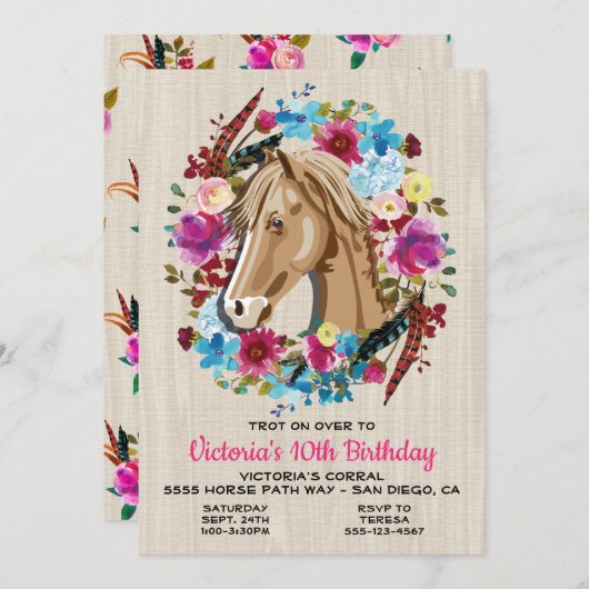 Boho Horse Birthday Party Invitation Kaart (Voorkant / Achterkant)