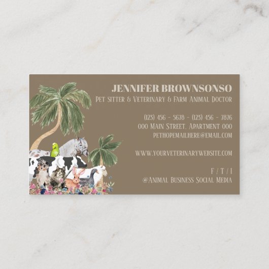 Boho Horse Koe Sheep Dog Cat Bird Rabbit Duck Palm Visitekaartje (Achterkant)