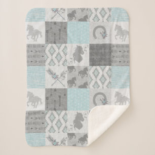 BoHo Horse Sherpa Blanket - Aqua/Gray Deken