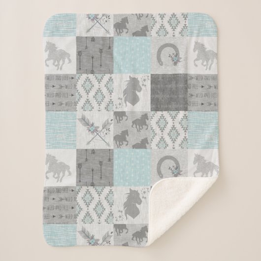 BoHo Horse Sherpa Blanket - Aqua/Gray Deken (Voorkant)