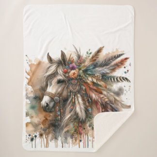 Boho Horse with feathers Sherpa Deken