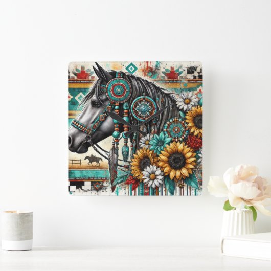 Boho Horse Zonnebloem Vierkante Klok (Huis)