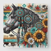 Boho Horse Zonnebloem Vierkante Klok (Voorkant)