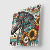 Boho Horse Zonnebloem Vierkante Klok (Hoek)