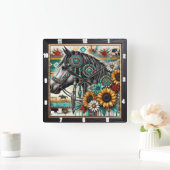 Boho Horse Zonnebloem Vierkante Klok (Huis)