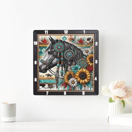 Boho Horse Zonnebloem Vierkante Klok (Huis)