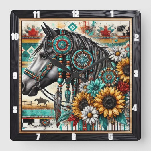 Boho Horse Zonnebloem Vierkante Klok (Voorkant)