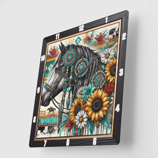Boho Horse Zonnebloem Vierkante Klok (Hoek)