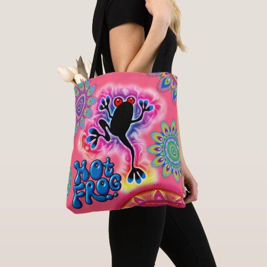 Boho Hot Frog Surf psychedelische Canvas tas roze. (Dichtbij)