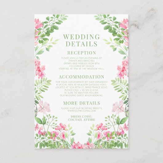 Boho Hot Roze Bloemen Krans Tuin Bruiloft Details Informatiekaartje (Voorkant)
