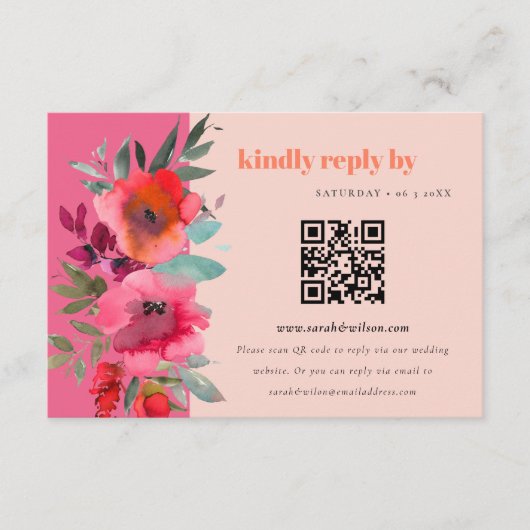 Boho Hot Roze Sinaasappel Bloemen Bruiloft QR Code Informatiekaartje (Voorkant)
