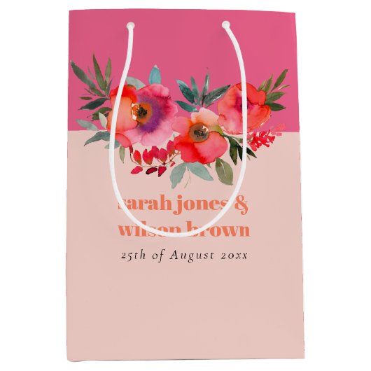 Boho Hot Roze Sinaasappel Waterverf Bloemen Bruilo Medium Cadeauzakje (Voorkant)