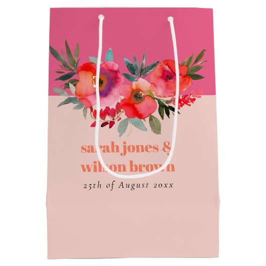 Boho Hot Roze Sinaasappel Waterverf Bloemen Bruilo Medium Cadeauzakje (Achterkant)