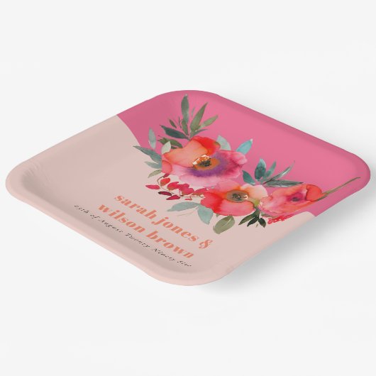 Boho Hot Roze Sinaasappel Waterverf Bloemen Bruilo Papieren Bordje (Gebogen)