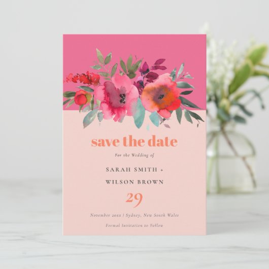 Boho Hot Roze Sinaasappel Waterverf Bloemen Bruilo Save The Date (Staand voorkant)