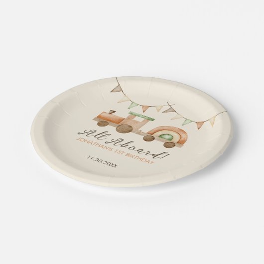 Boho Hout Treinvervoer Kinderen Verjaardag Papieren Bordje (Gekanteld)