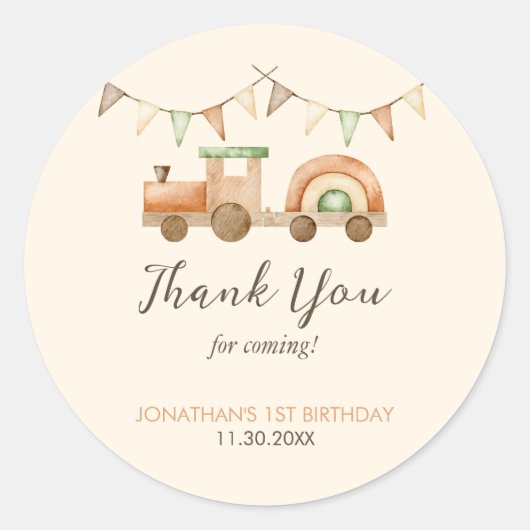Boho Hout Treinvervoer Kinderen Verjaardag Ronde Sticker (Voorkant)