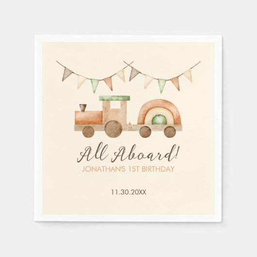 Boho Hout Treinvervoer Kinderen Verjaardag Servet (Voorkant)