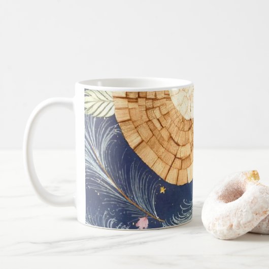 Boho houtnerf ventilator en marine veren botanisch koffiemok (Met donut)