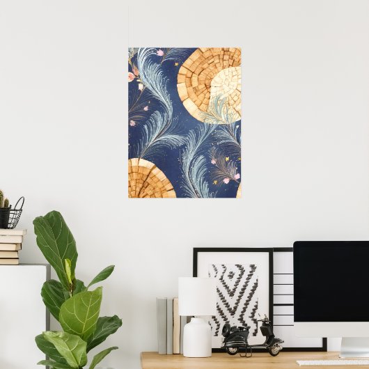 Boho houtnerf ventilator en marine veren botanisch poster (Thuiskantoor)